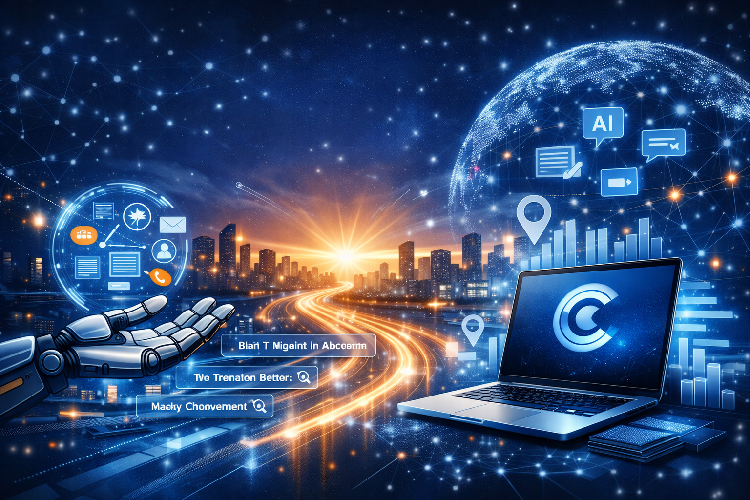 A futuristic digital cityscape showing a robotic hand, glowing data pathways, and a laptop surrounded by holographic AI icons — symbolizing CompFix’s integration of GEO for future visibility.